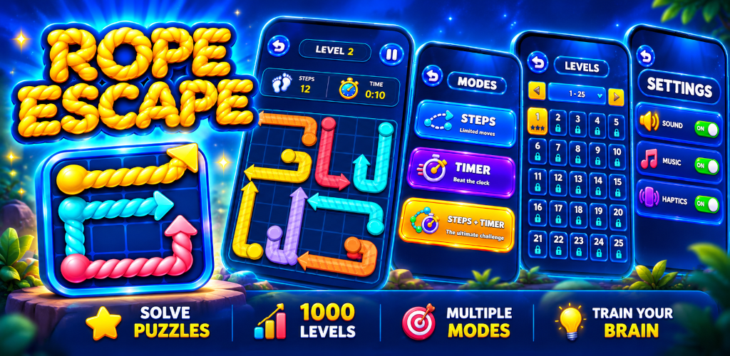Rope Escape promotional artwork showing colorful rope puzzles and Steps, Timer and combined game modes